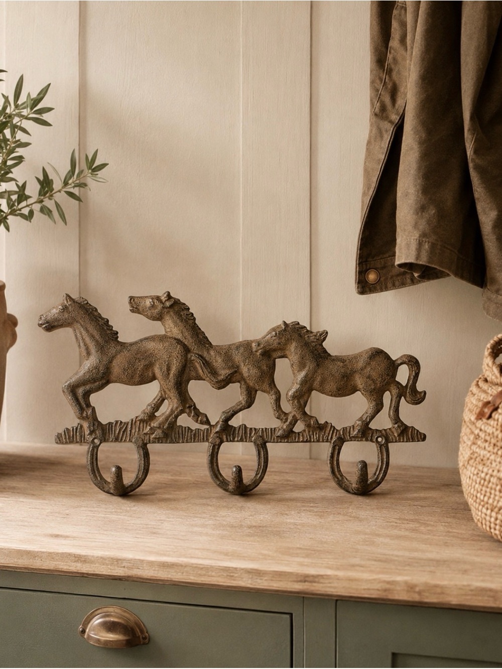 Cast iron wild horses wall with three hooks